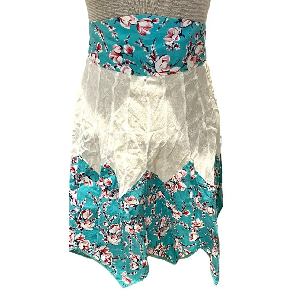 VTG 1950s Floral Womens Apron Turquoise Pink White Cotton Retro Cooking Baking
